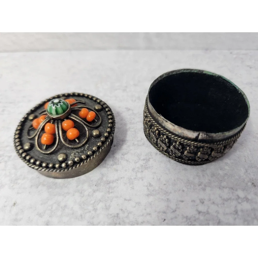 Vtg Ornate MILLEFIORI GLASS Silverplate Trinket Box Velvet Lined 1.5